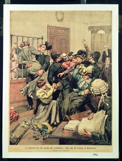 Policemen expelling Suffragettes from a room in the Palace of Westminster by Achille Beltrame